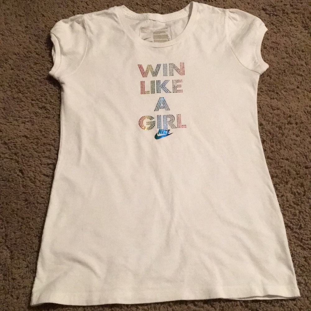Nike girls white “Win Like A Girl” shirt Sz 14